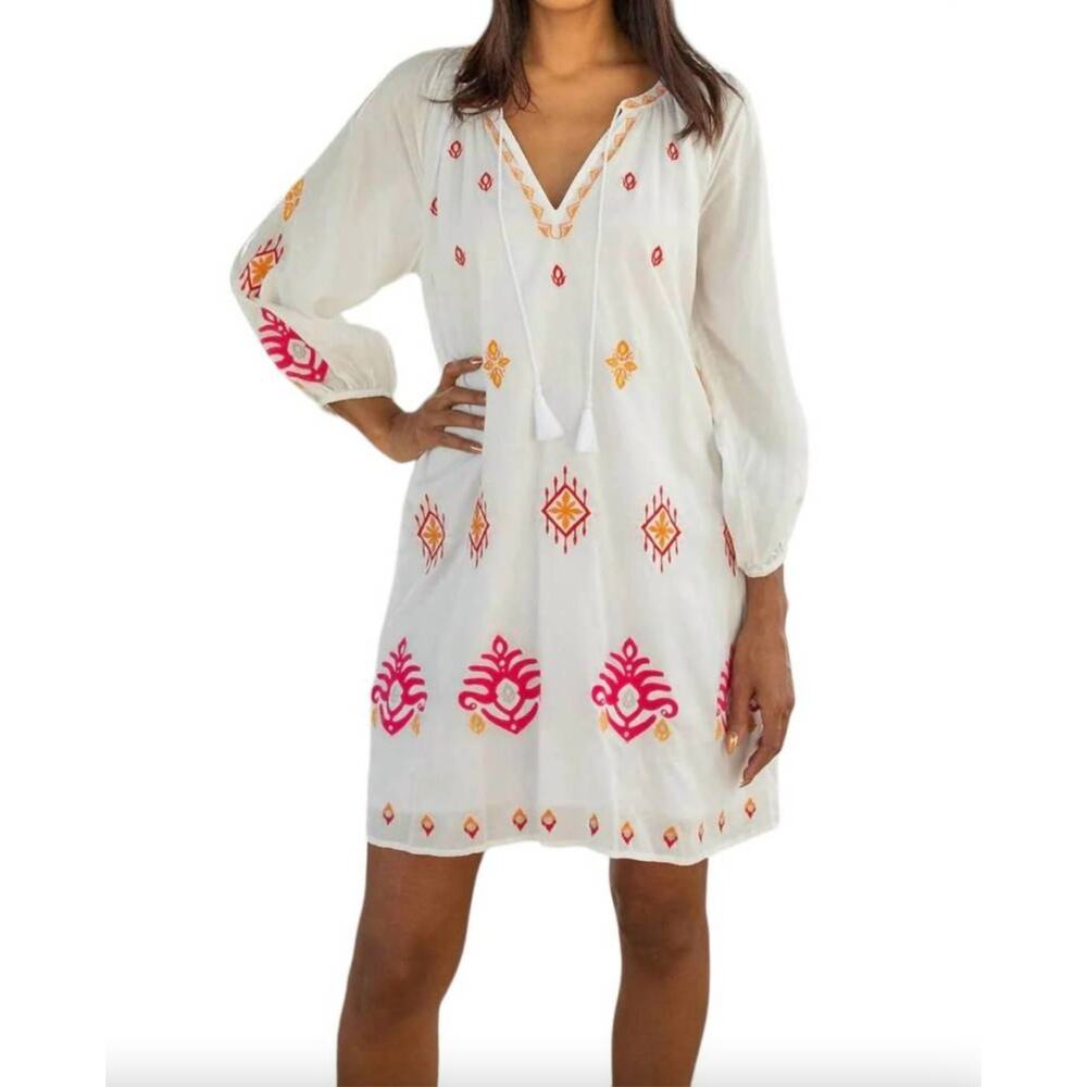 HiHo Alisha Embroidered Boho Dress White Rayon Peasant‎ Large